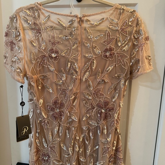 Adrianna Papell HAND BEADED SHORT SLEEVE FLORAL GODET GOWN in Beige gold - Picture 2 of 7